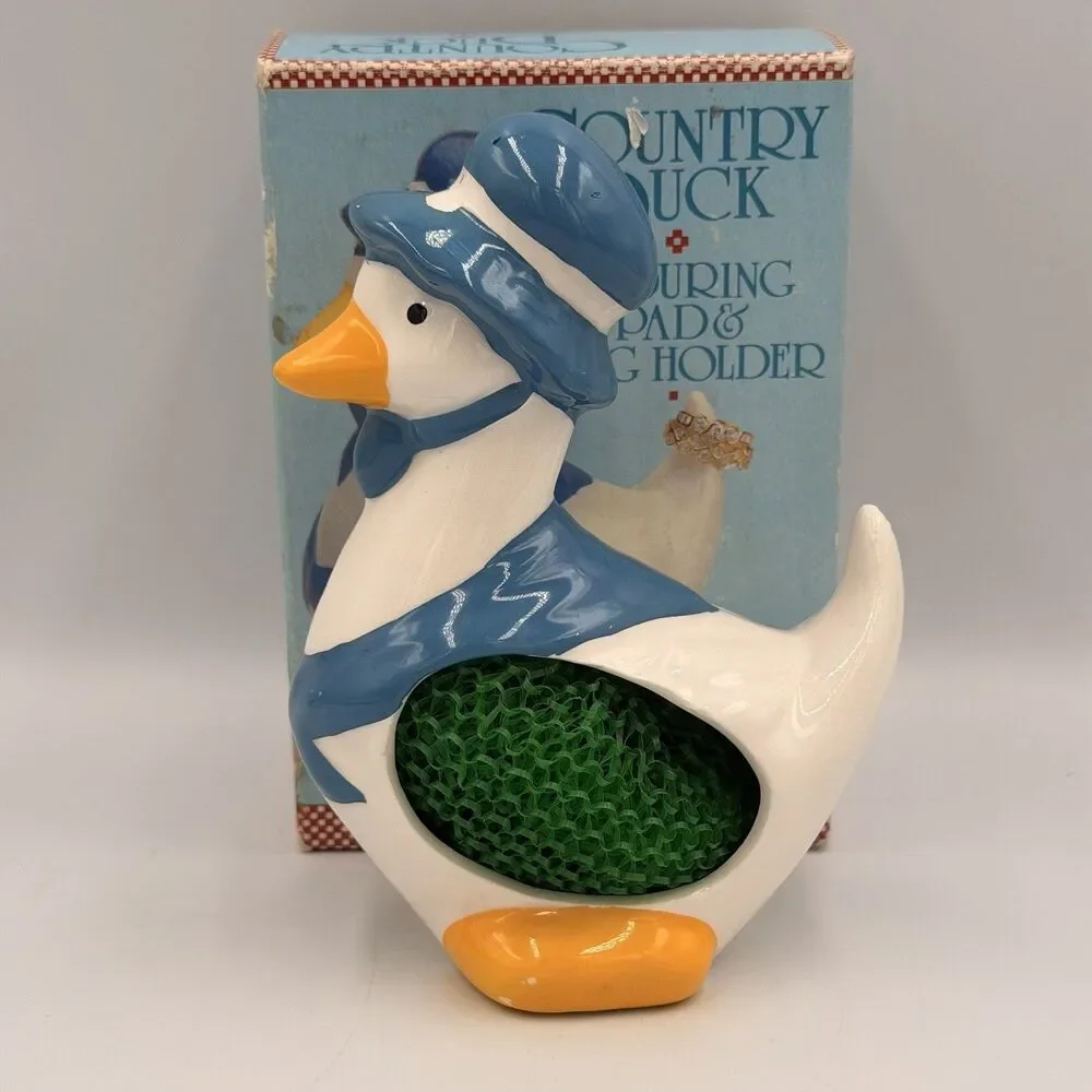 Vintage Country Duck Goose Scouring Pad Sponge Holder Ceramic w/ Box Taiwan